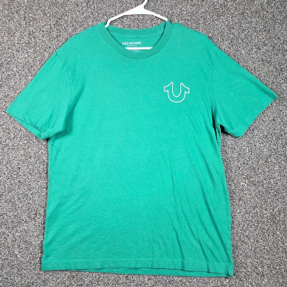 True Religion T-Shirt Mens L Green Buddha Graphic Streetwear Cotton